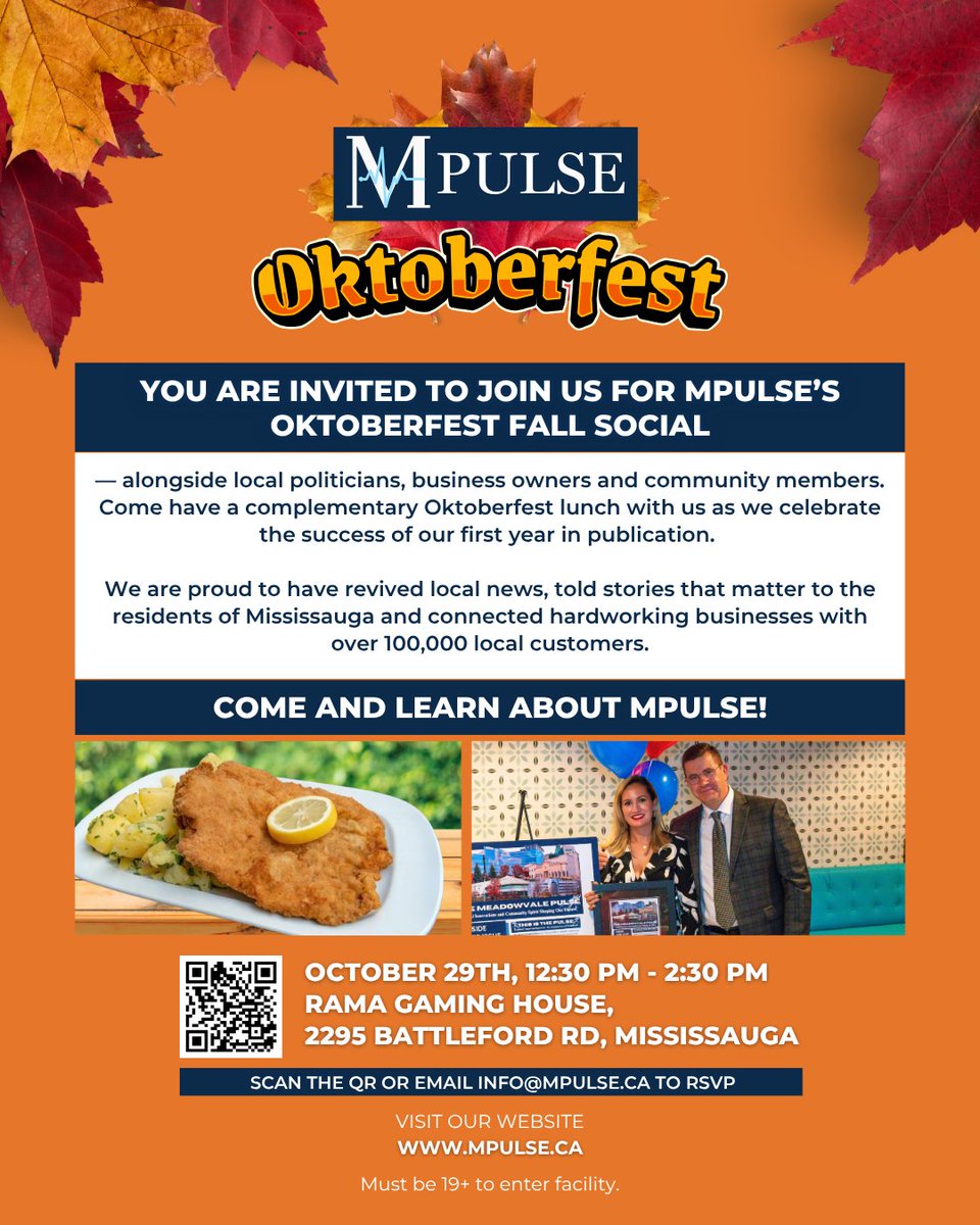 RamaGamingHouse's tweet image. Celebrate Mpulse&apos;s first year of publication at our Oktoberfest Fall Social. Join local leaders and the community for a complimentary lunch and connect with Mississauga&apos;s finest. See you today at Rama Gaming House! #Oktoberfest #Community #MississaugaEvents