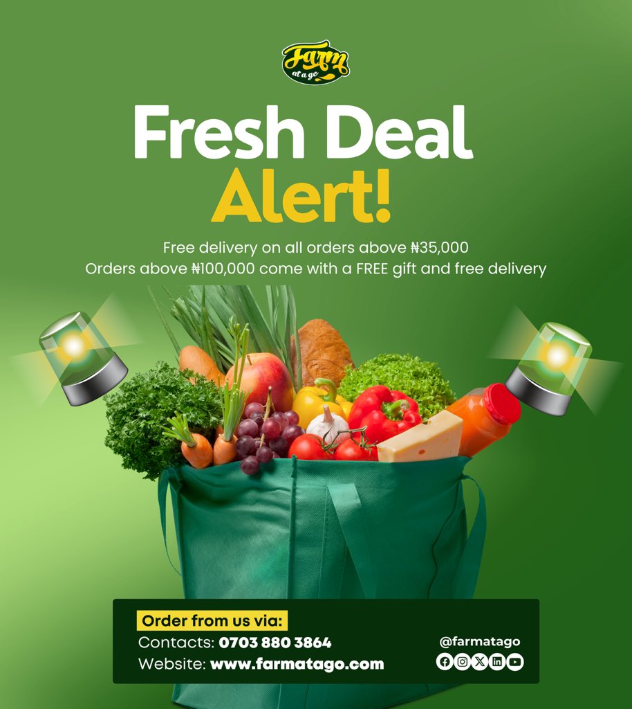 farmatago_'s tweet image. Get your list ready — it’s time to shop fresh! 🛒

🚚 Free delivery on orders above ₦35,000
🎁 Orders above ₦100,000 get a FREE gift + delivery!

Offer ends Friday ⏰
DM or call 📞 07038803864 to order fresh produce today.

#Farmatago #FreshDeals #EatFreshLiveBetter #Farmfresh