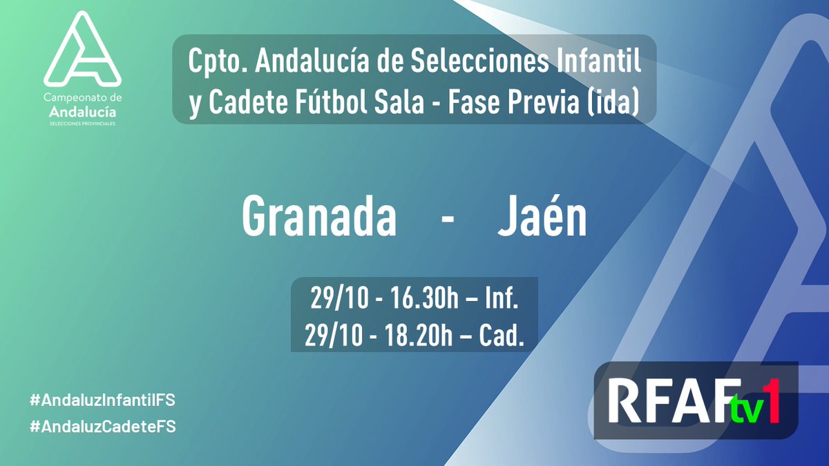 🏆 𝗖𝗮𝗺𝗽𝗲𝗼𝗻𝗮𝘁𝗼 𝗱𝗲 𝗔𝗻𝗱𝗮𝗹𝘂𝗰í𝗮 𝗱𝗲 𝗦𝗲𝗹𝗲𝗰𝗰𝗶𝗼𝗻𝗲𝘀 𝗣𝗿𝗼𝘃𝗶𝗻𝗰𝗶𝗮𝗹𝗲𝘀 𝗜𝗻𝗳𝗮𝗻𝘁𝗶𝗹 𝗱𝗲 𝗙ú𝘁𝗯𝗼𝗹 𝗦𝗮𝗹𝗮 

⌛️ 𝐂𝐮𝐞𝐧𝐭𝐚 𝐚𝐭𝐫á𝐬 𝐞𝐧 𝐦𝐚𝐫𝐜𝐡𝐚 Menos de 2 horas para el comienzo del #AndaluzInfantilFS

⚔️ <a href="/RFAFGranada/">RFAF - Delegación de Granada</a> 🆚 @RFAFJaen