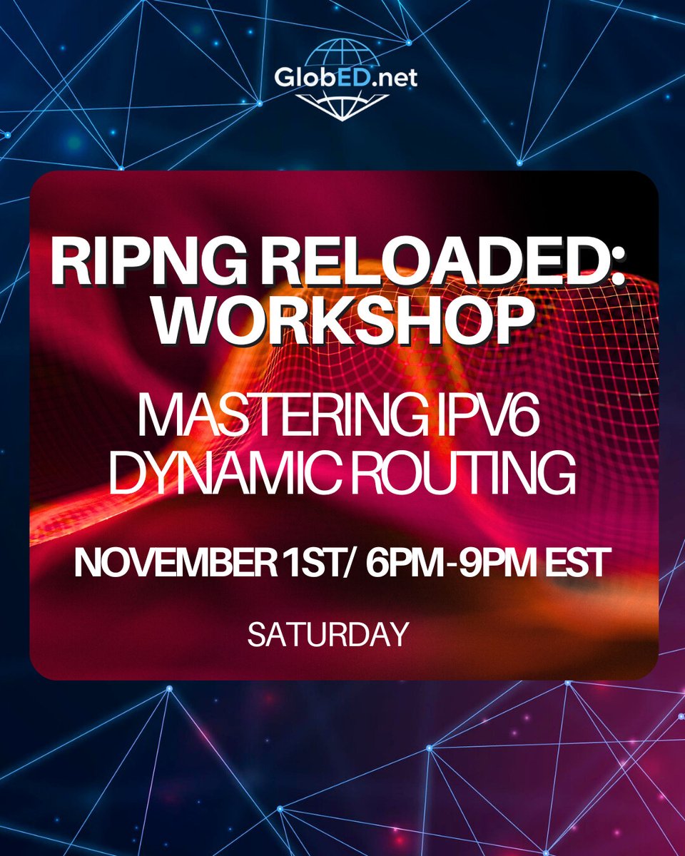 NetworkingDrs's tweet image. Think RIP is old news? 😎 Think again! We’re bringing it back — IPv6 style! 🔥
Master RIPng configs, verifications &amp;amp; troubleshooting like a pro. 💪
Don’t get left behind in the IPv6 world — join now! 🚀
👉rpb.li/VkU9