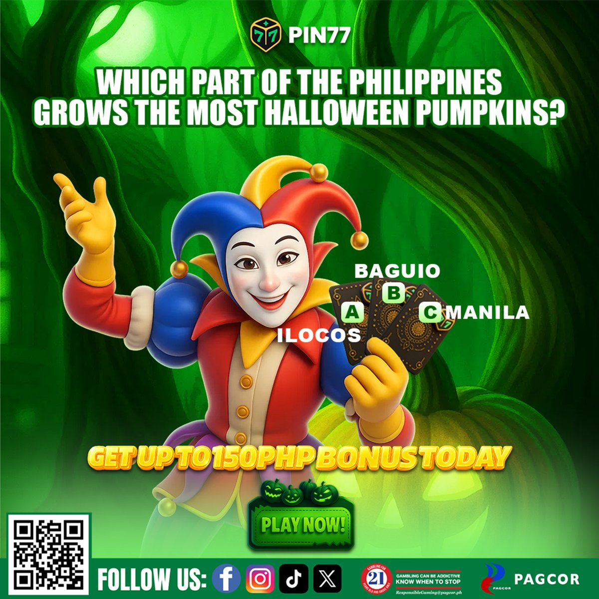 PIN77PH's tweet photo. Trick or treat? Kay Pin77, puro treat! 🎰✨
Saan makikita ang pinakamaraming Halloween pumpkins? 🎃

Comment your answer and get up to ₱150 BONUS today!
👉https://t.co/YLSSQkRf1S https://t.co/9njuLLEToA