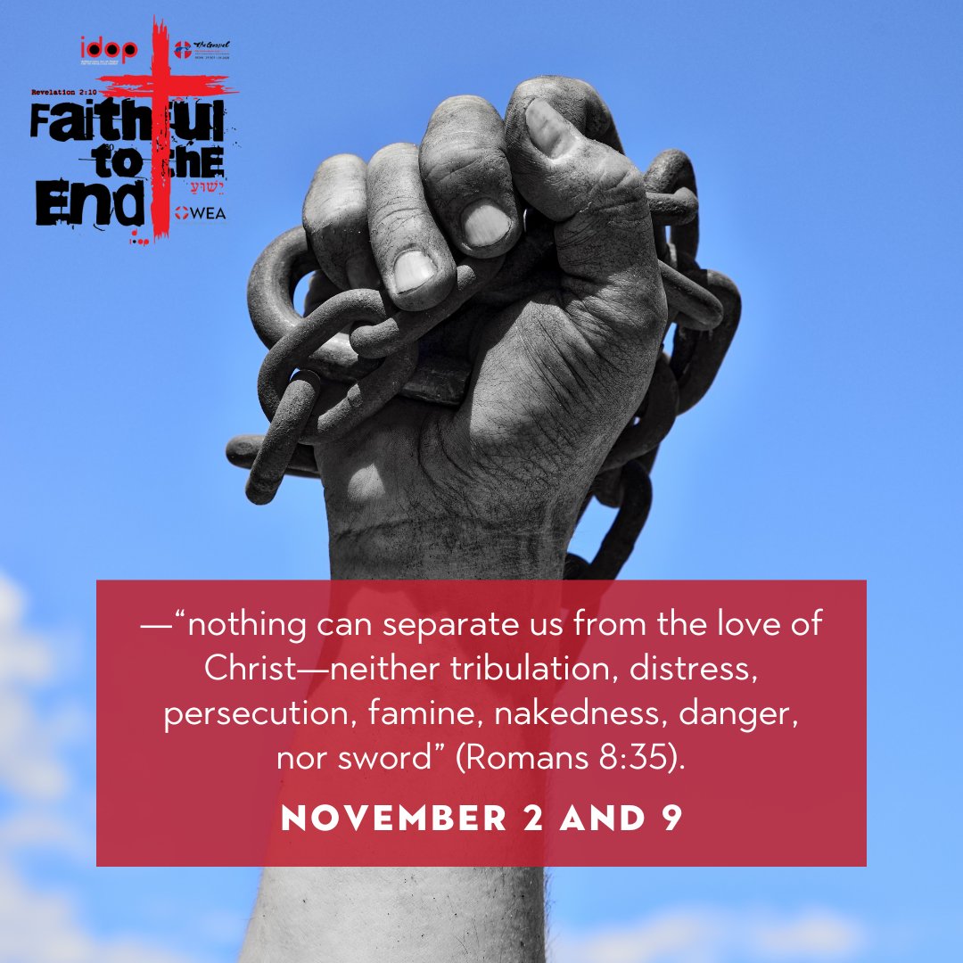 WEAnews's tweet image. “Nothing can separate us from the love of Christ.” — Rom 8:35

🙏 Pray for believers standing firm in persecution. His love sustains them.

Join #IDOP2025 → IDOP.org

#FaithfulToTheEnd #PrayForThePersecuted #WEA #GlobalChurch #UnshakableFaith #HopeInChrist