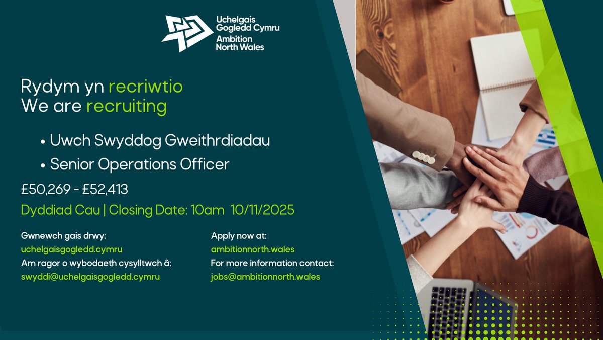 📣SWYDD❗
➡️ Uwch Swyddog Gweithredol ⬅️
🤩 Ydych chi'n unigolyn hynod drefnus a gweithgar sy'n ffynnu mewn amgylchedd cyflym, sy'n gallu gweithio ar flaenoriaethau cystadleuol, ac yn ymfalchïo mewn galluogi timau i lwyddo❓ 
📅Cau: 10am, 10/11/25
👇
uchelgaisgogledd.cymru/cyfleoedd/gyrf…