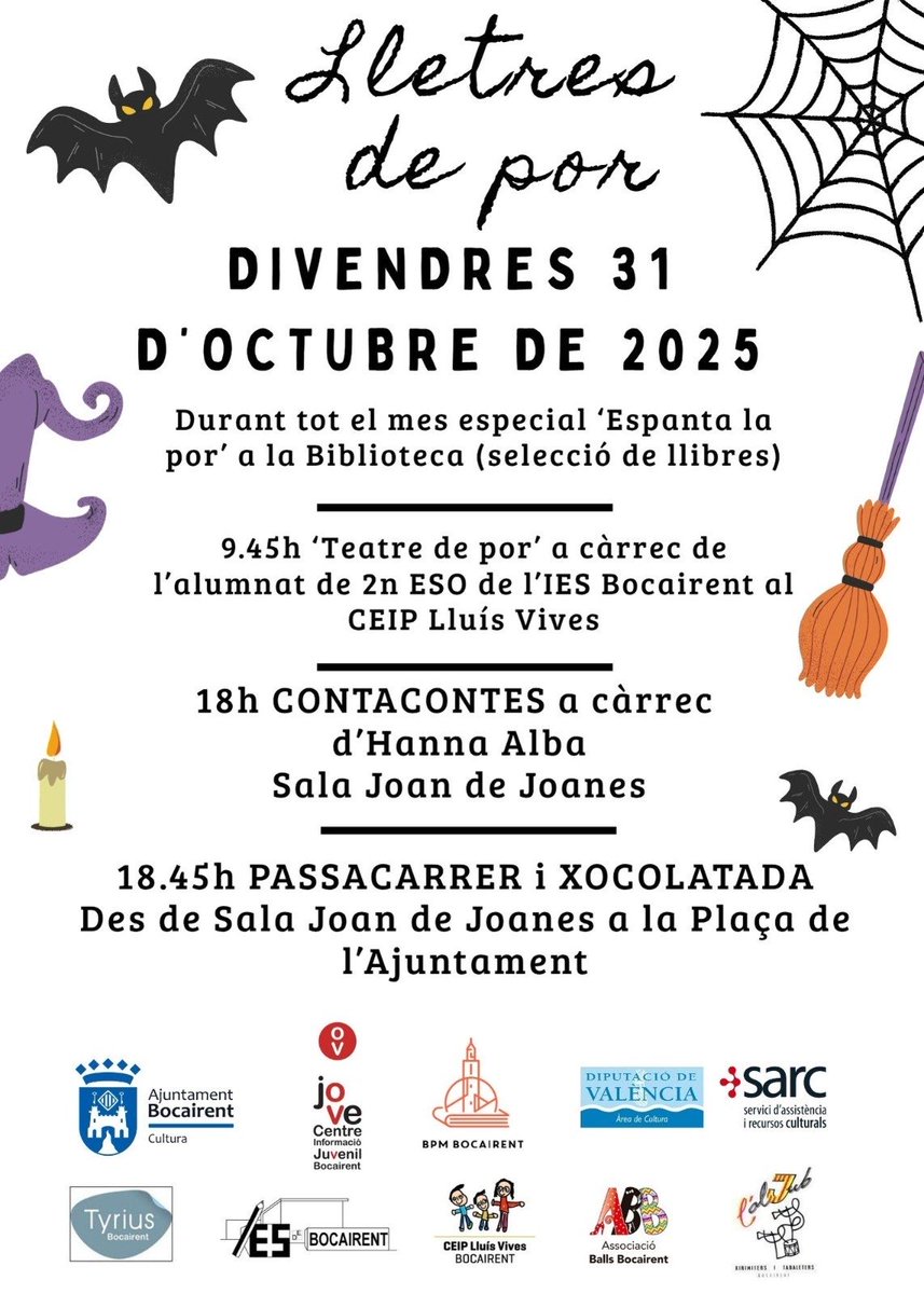 👻 Lletres de por 👻
🎃 Diferents activitats al voltant del 31 d’octubre: teatre a l’IES de matí i contacontes i passacarrer de vesprada. Vos esperem!