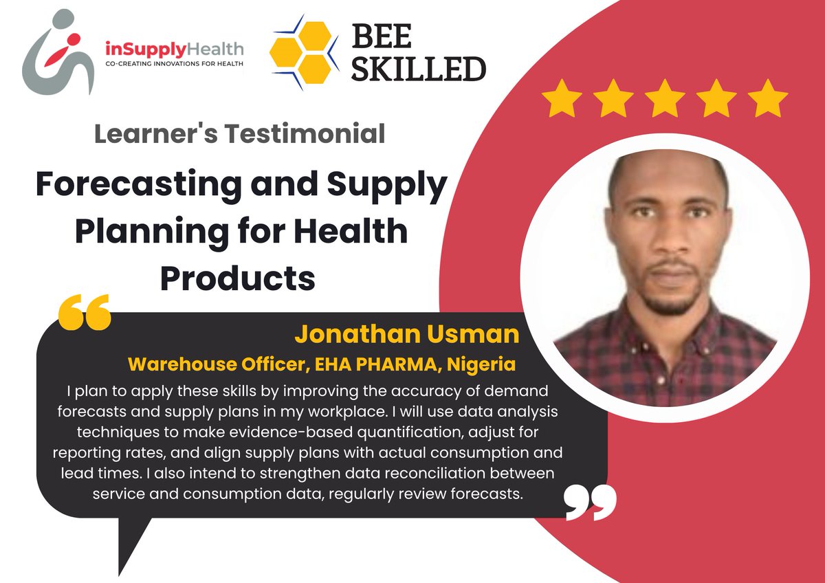 The first cohort of the Forecasting and Supply Planning for Health Products Course, delivered in collaboration with inSupply Health, has officially concluded, with a 100% completion and a rating of 4.6/5! 

Register Today: hive.beeskilled.com/clc-3-course-r…

#BeeSkilled #inSupplyHealth