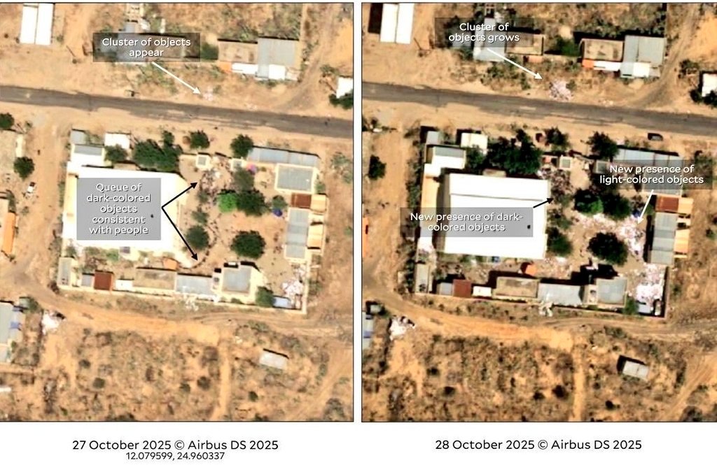 AfriMEOSINT's tweet photo. Additional Airbus satellite images obtained by @HRL_YaleSPH confirm mass killings at RSF-controlled sites, including the former Children’s Hospital and Saudi Hospital in El Fasher, Sudan 🇸🇩, as well as along the sand berm the RSF built in recent months to fully encircle the city. https://t.co/iBbuqIGcaH
