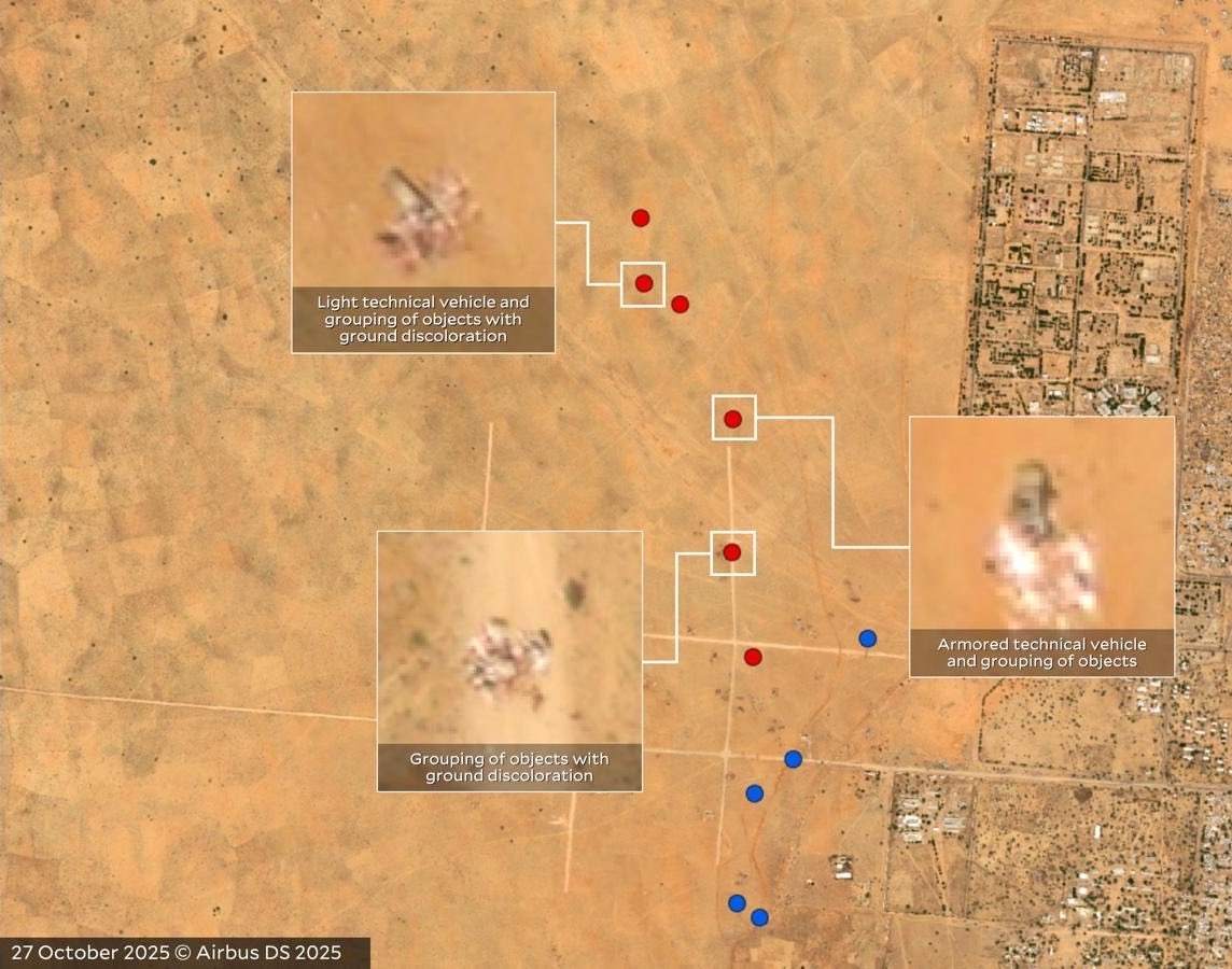 Additional Airbus satellite images obtained by <a href="/HRL_YaleSPH/">Humanitarian Research Lab (HRL) at YSPH</a> confirm mass killings at RSF-controlled sites, including the former Children’s Hospital and Saudi Hospital in El Fasher, Sudan 🇸🇩, as well as along the sand berm the RSF built in recent months to fully encircle the city.