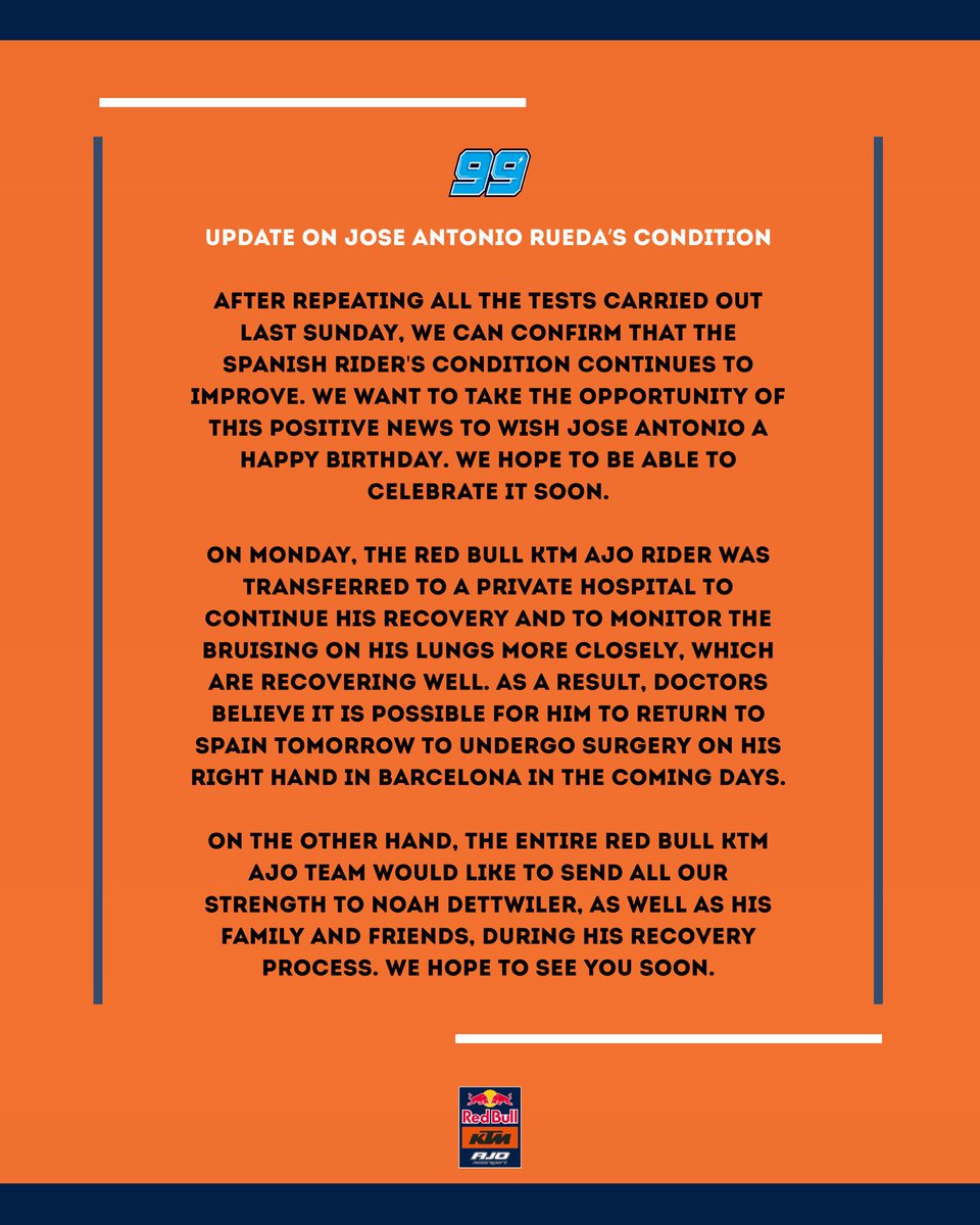 🚨 𝐔𝐩𝐝𝐚𝐭𝐞 𝐨𝐧 𝐉𝐨𝐬𝐞 𝐀𝐧𝐭𝐨𝐧𝐢𝐨 𝐑𝐮𝐞𝐝𝐚’𝐬 𝐜𝐨𝐧𝐝𝐢𝐭𝐢𝐨𝐧

| #JR99 | #GivesYouWings | #ReadyToRace | #MotoGP | #AjoMotorsport | #AjoFamily |