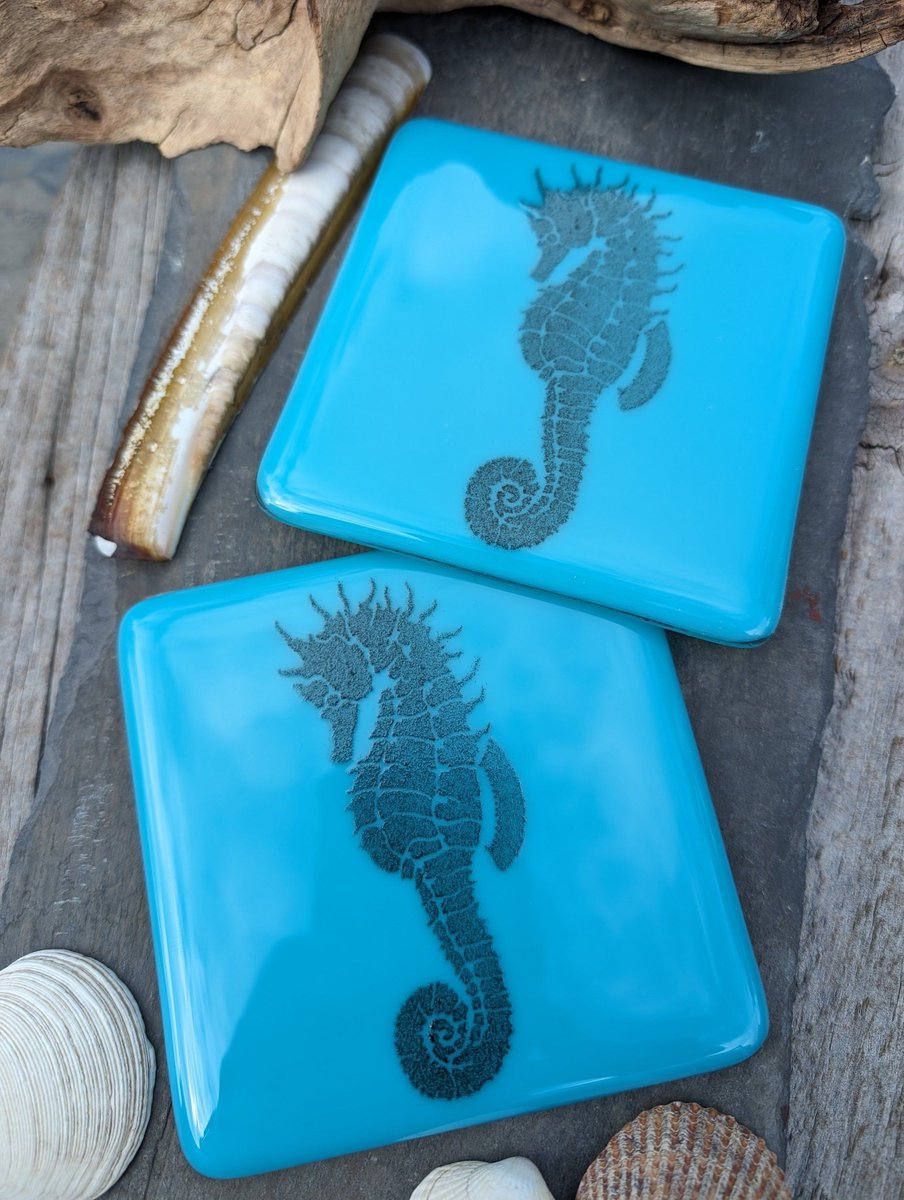 Wonderful seahorse themed fused glass coasters. Stunning handcrafted turquoise blue glass coasters with hand-printed glass powder seahorse design. 

#etsy #giftideas #shopindie

samphireglass.etsy.com/listing/1062...