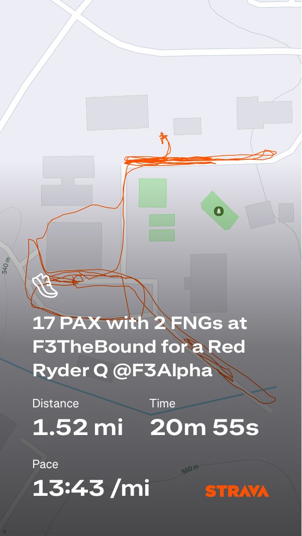 17 PAX with 2 FNGs at F3TheBound for a Red Ryder Q <a href="/F3Alpha/">F3 Alpha</a>

strava.app.link/2qWiaNajRXb