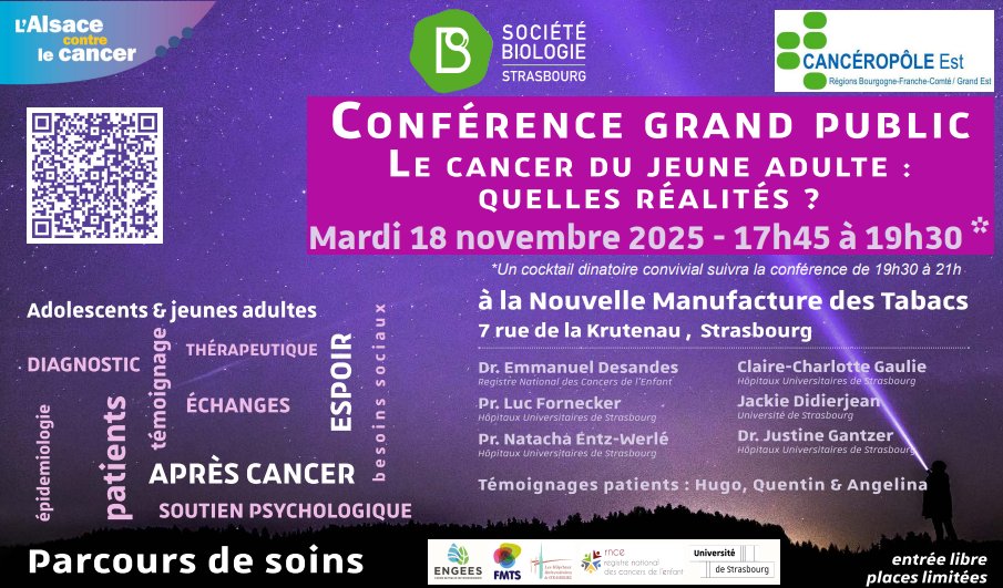 Rendez-vous le mardi 18 novembre 2025 à 17h45 à la Manufacture des Tabacs de Strasbourg pour une conférence ouverte à tous autour du #cancer des #AJA.

🎟️ Entrée libre