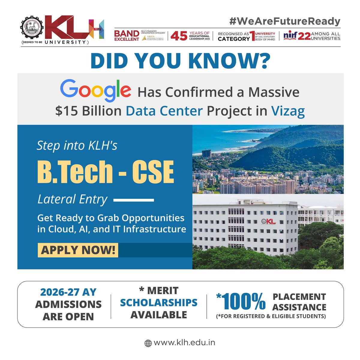 klhuniversity's tweet image. Fast-track your tech career with KLH’s B.Tech Lateral Entry – CSE. Build expertise in Cloud, AI, and Data Science through an industry-aligned curriculum and hands-on learning. 
kluniversity.in/admissions-202…
#KLH #BTechCSE #CloudComputing #AI #DataScience