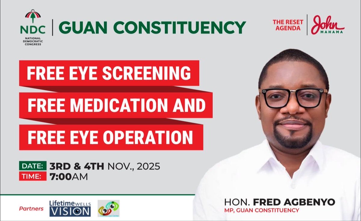 KwesiAgbenyo's tweet photo. As part of my commitment to improving the wellbeing of my people, I am organizing a Free Eye Screening and Treatment Exercise for all my constituents.

This initiative will provide free eye screening, medication, glasses, and surgery for those who need them free of change.

We have six screening centers across all communities within the constituency. I entreat everyone to take advantage, show up and get checked.
