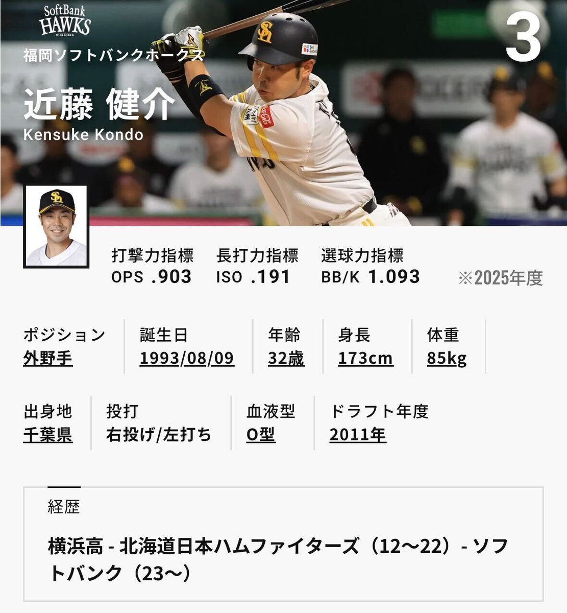 福岡ソフトバンクホークス 近藤健介選手 #3 実使用 NPBバット