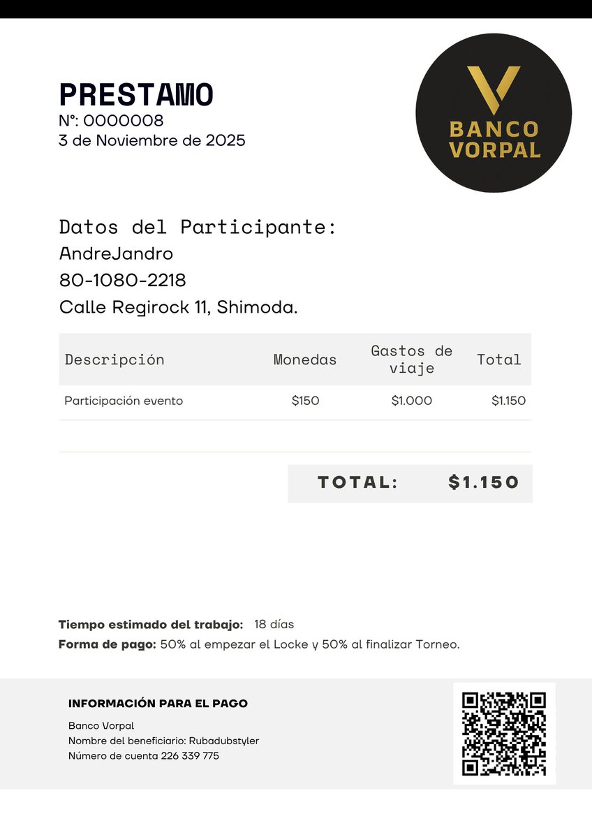 🚨 COMUNICADO DEL BANCO VORPAL 🚨
El Banco Vorpal anuncia la concesión de dos nuevos créditos.

💰 <a href="/T3nzai/">El Tenzo</a> y <a href="/AndrejndroMagno/">𝕬𝖓𝖉𝖗é𝖘, 𝕻𝖍𝖆𝖓𝖙𝖔𝖒 𝕿𝖍𝖎𝖊𝖋</a> quedan oficialmente autorizados para participar en el MERCATO VORPAL LOCKE.