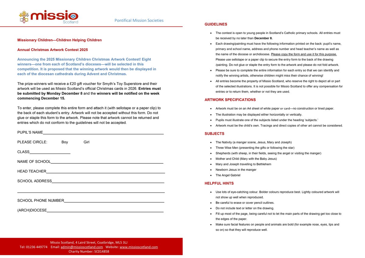 ***ATTENTION PRIMARY SCHOOLS***

This year's Christmas Artwork Contest Entry forms are now available for downloading and printing via the link or pic below .Get involved and get on your way to becoming a Missio Scotland Five Star School!

missioscotland.com/_files/ugd/14e…

<a href="/SCESDirector/">SCES</a>