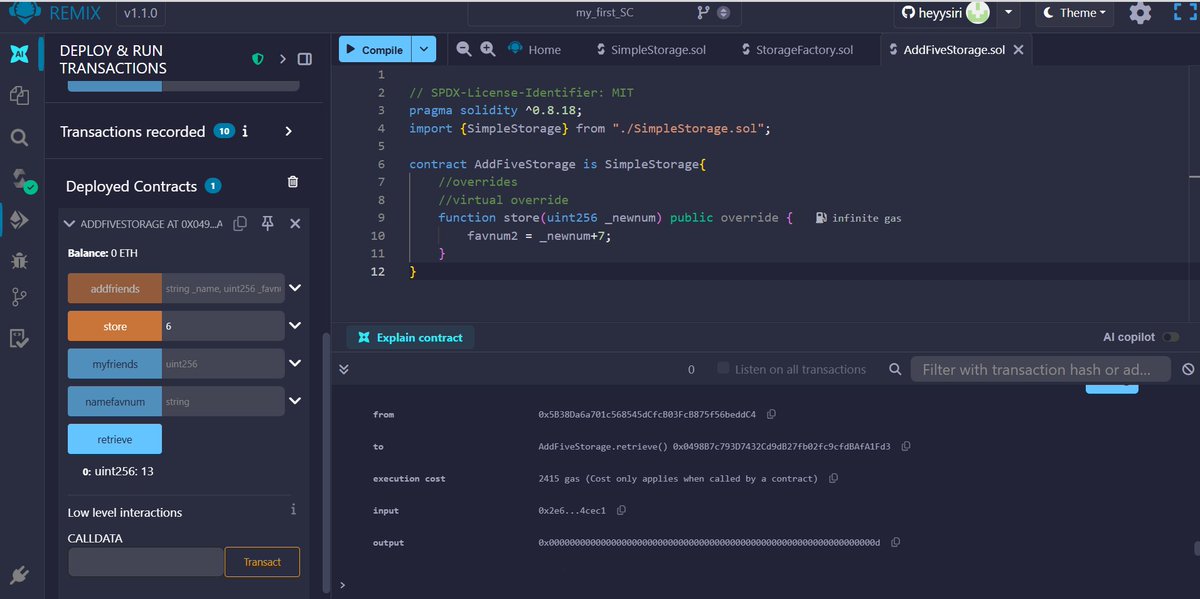 today I learnt about inheritance, overriding and also deployed a contract from another contract! It was a light, fun section and i'm excited to start on the challenge contract. 
<a href="/PatrickAlphaC/">Patrick Collins</a> <a href="/CyfrinUpdraft/">Cyfrin Updraft 🟩</a> 
#Solidity #Blockchain #Web3Community #Web3