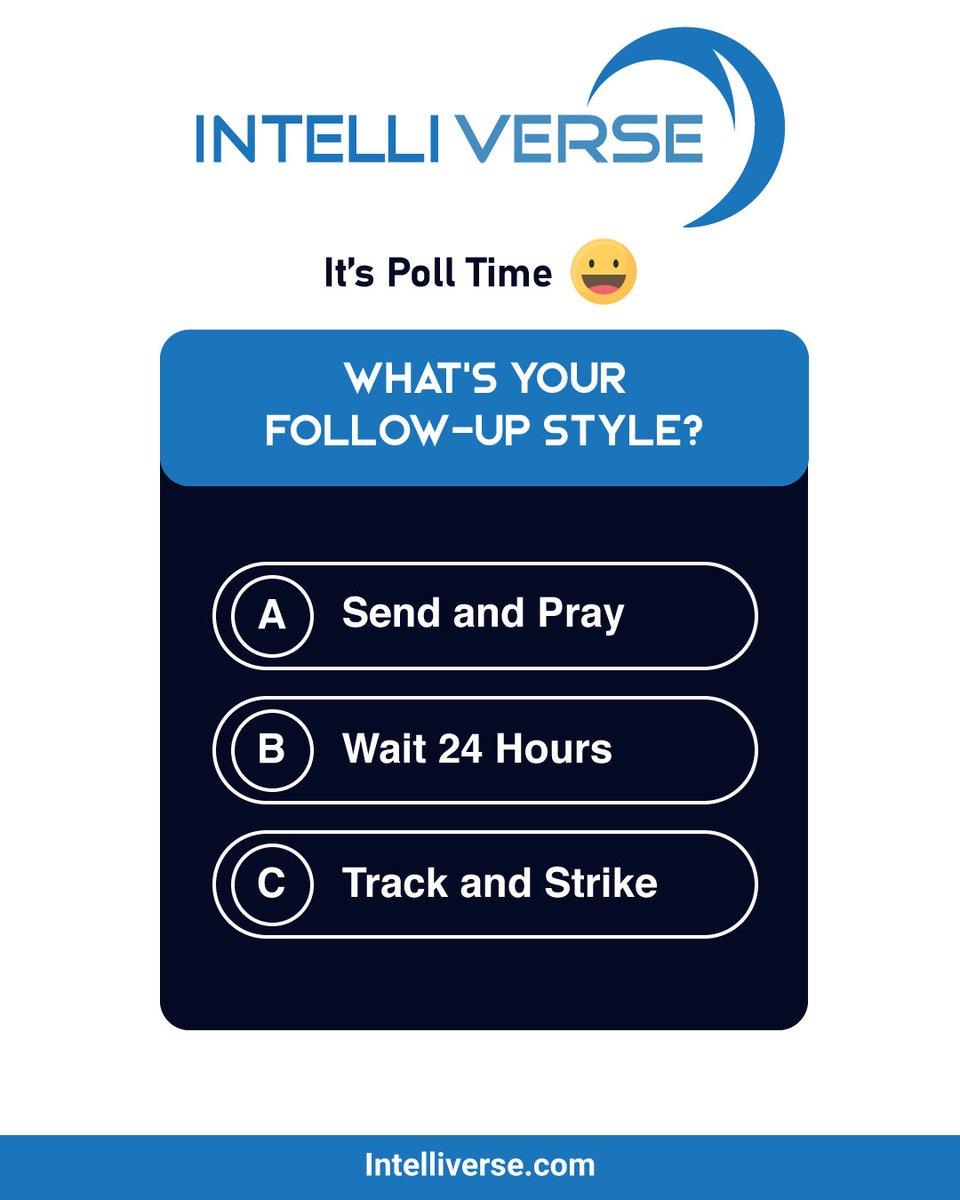 Intelliverse's tweet image. 😄 It’s Poll Time! We all have our unique follow-up style… but which one are you?

💬 Cast your vote:
A. Send and Pray
B. Wait 24 Hours
C. Track and Strike

Let’s see who’s mastering the art of the follow-up! ⚡

#SalesLife #FollowUpStrategy #SalesPoll #B2BSales #SalesPros