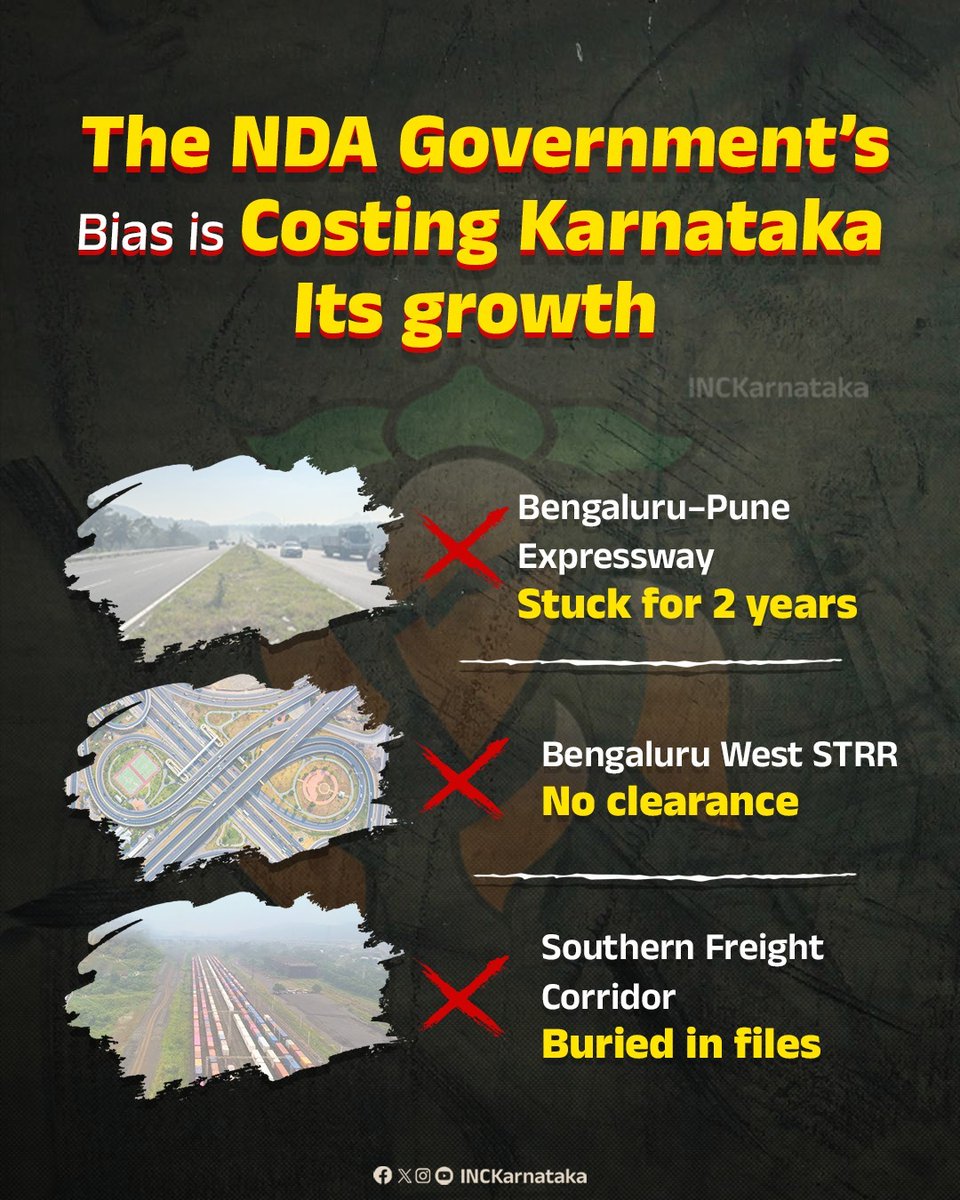 Karnataka’s progress shouldn’t depend on party politics. 

While BJP fast-tracks projects in their own states, Karnataka’s growth is stuck in files and bias.

It’s time to say loud and clear, Stop betraying Karnataka!

#BJPFailsKarnataka