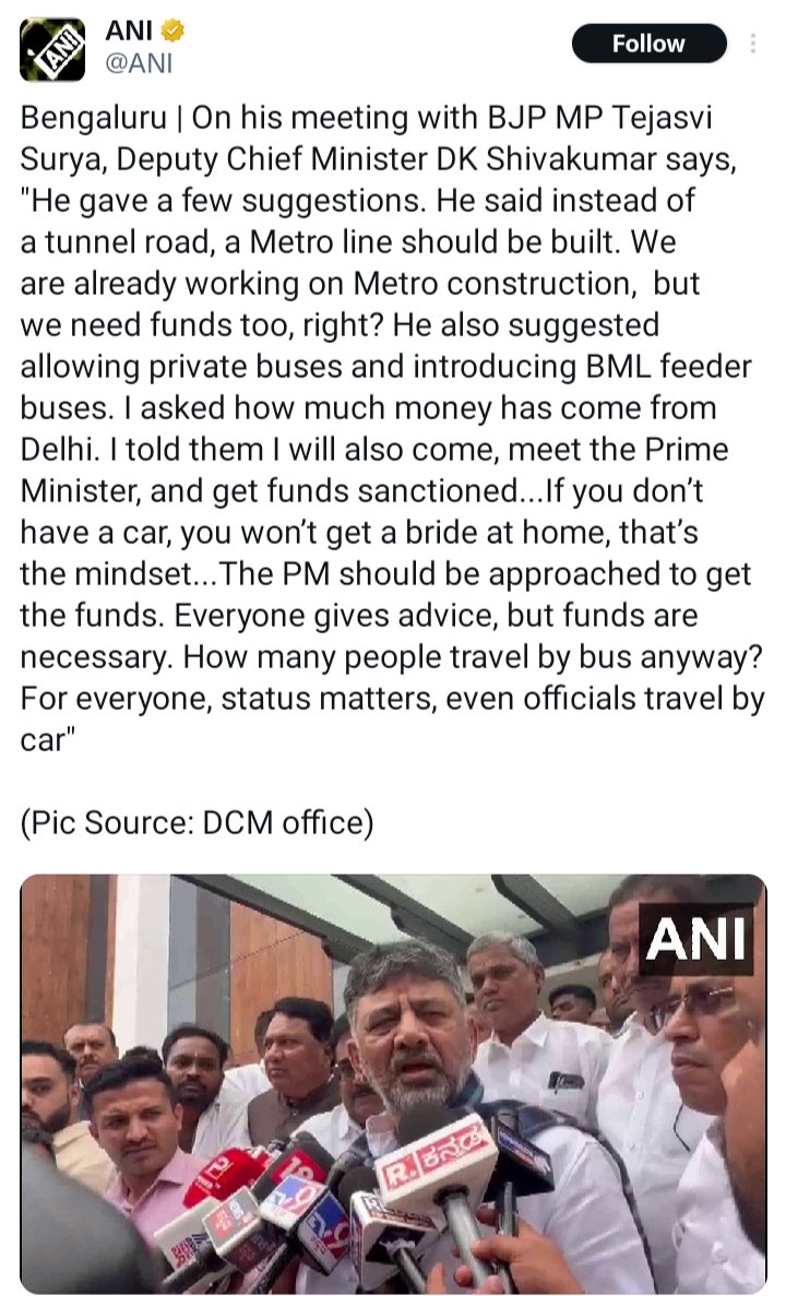 We are very disappointed  <a href="/DKShivakumar/">DK Shivakumar</a> avare. 38+ lakh ppl use the bus everyday. If we all use bike and cars, traffic+ pollution will go up.
 
Instead of insulting bus users, make our lives better. Drop #tunnelroad , use the funds to buy more buses (including mini buses).