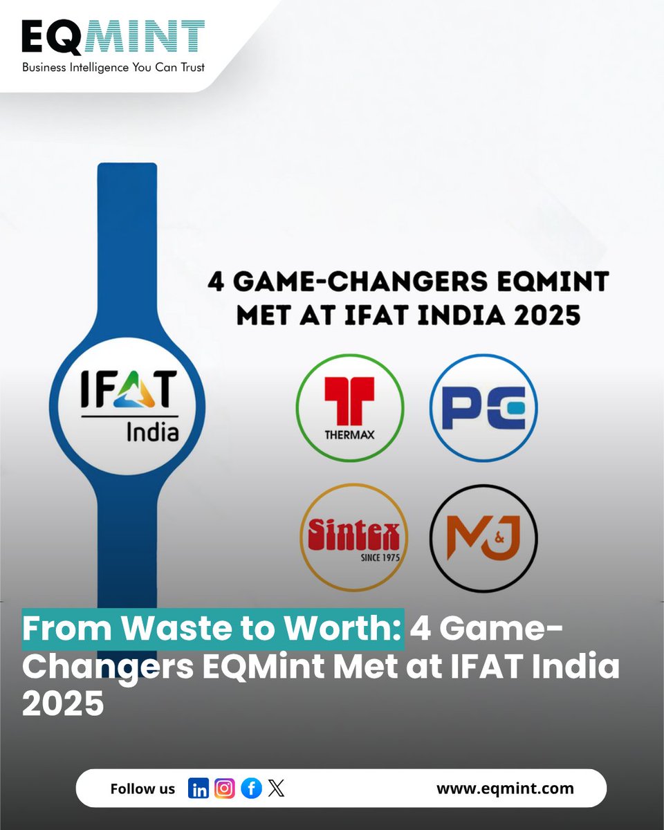 Eqmint's tweet photo. ♻️ From Thermax to Sintex, EQMint met 4 sustainability game-changers at IFAT India 2025 — turning waste into worth through innovation 🌱

Read more 👉 https://t.co/lfvimc3ZUT

#IFATIndia #Sustainability #CircularEconomy #GreenInnovation #CleanTech #EQMint https://t.co/X6b1lXUWmr