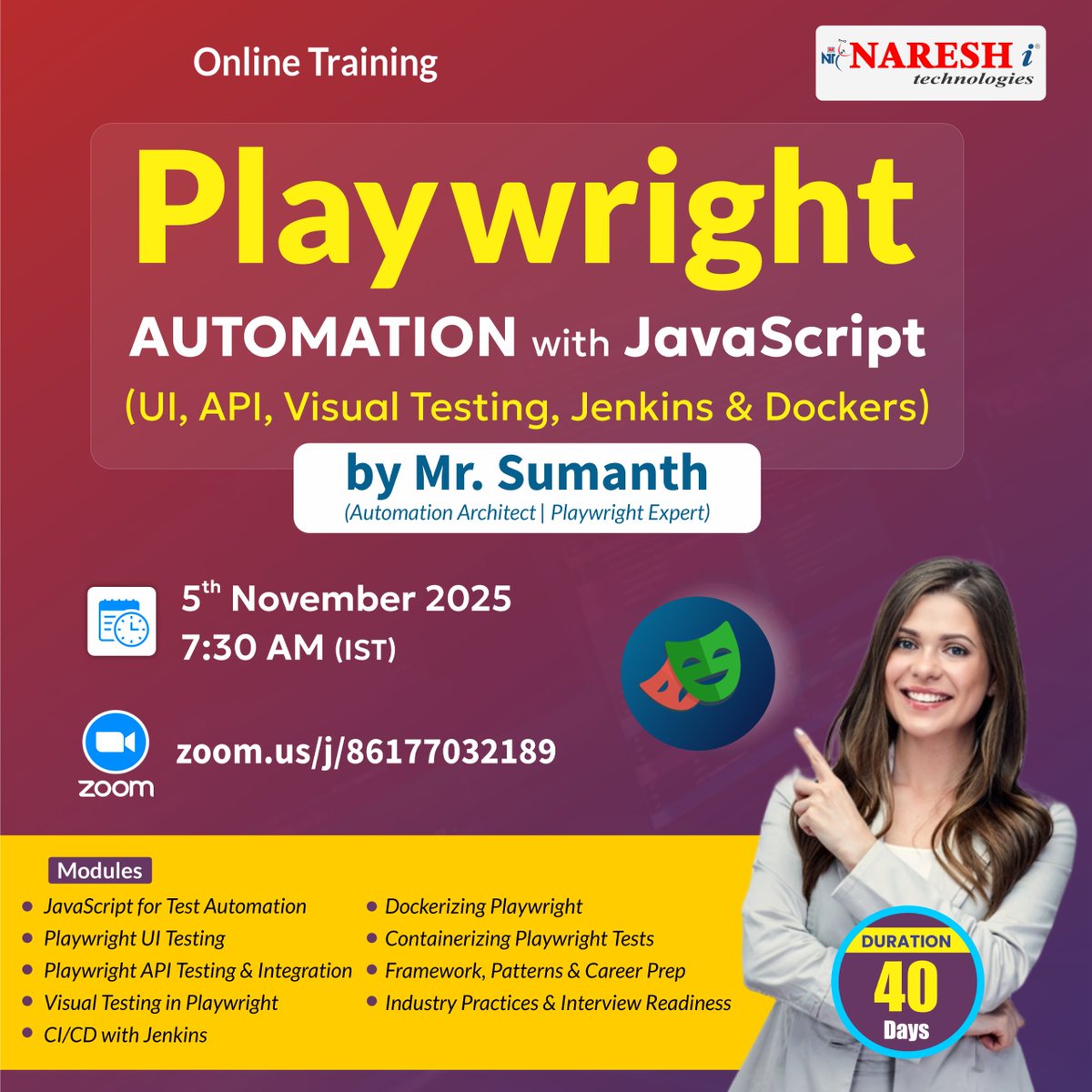 nareshitech's tweet image. 📢 New Batch Alert – Playwright Automation with JavaScript

🔗 Register Now: t.ly/PWA-5N

🗓 Start Date: 5th November 2025⏰ Time: 7:30 AM (IST)

#NareshIT #PlaywrightTraining #AutomationTesting #JavaScript #UITesting #APITesting #DevOps #Docker #Jenkins #CareerIn