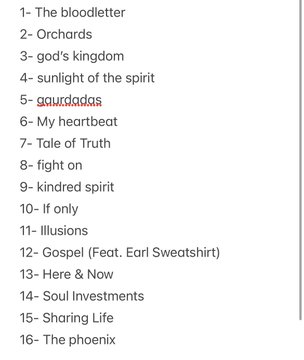 Artistic rendering of a white marble-like statue of an elderly bearded man emerging from rippling water under a cloudy blue sky with sunlight rays and seagulls flying nearby the statue holds a sword in its right hand and has cracks on its surface. Second image is a tracklist text listing 16 song titles including The Bloodletter Orchards Gods Kingdom Sunlight Of The Spirit Guordads My Heartbeat Tale Of Truth Fight On Kindred Spirit If Only Illusions Gospel feat Earl Sweatshirt Here And Now Soul Investments Sharing Life and The Phoenix.