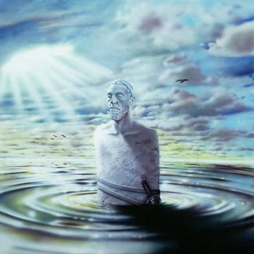 Artistic rendering of a white marble-like statue of an elderly bearded man emerging from rippling water under a cloudy blue sky with sunlight rays and seagulls flying nearby the statue holds a sword in its right hand and has cracks on its surface. Second image is a tracklist text listing 16 song titles including The Bloodletter Orchards Gods Kingdom Sunlight Of The Spirit Guordads My Heartbeat Tale Of Truth Fight On Kindred Spirit If Only Illusions Gospel feat Earl Sweatshirt Here And Now Soul Investments Sharing Life and The Phoenix.
