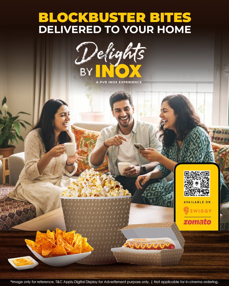 INOXMovies's tweet photo. 🍿 Blockbuster flavors, delivered to your doorstep!
Enjoy your favorite Delights by INOX snacks anytime — from popcorn to nachos, we’ve got your cravings covered!
.
Order now: https://t.co/QkRPZIBCLz
.
.
#DelightsByINOX #CinemaAtHome #Swiggy #Zomato #Foodies #MagicOfCinema https://t.co/wUKwb7YEPZ