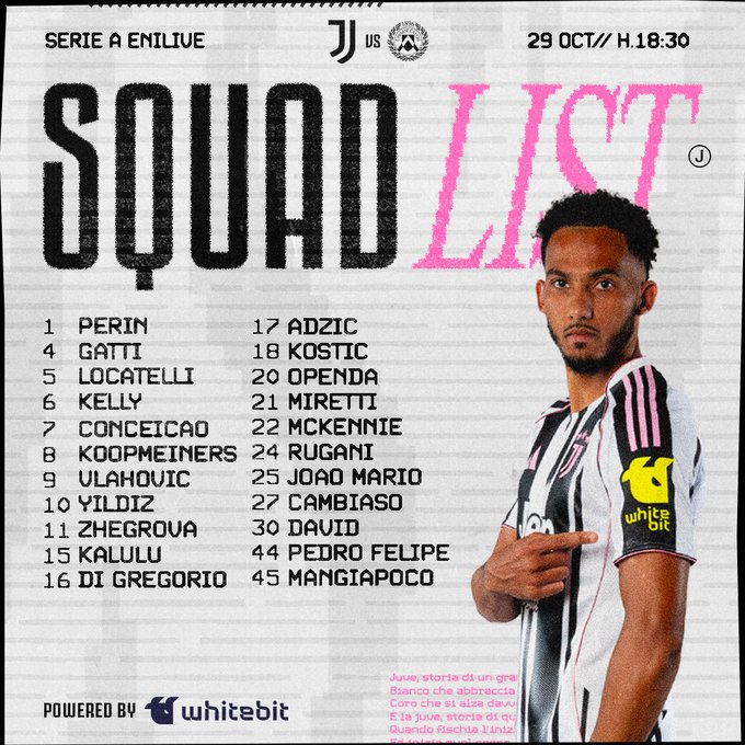 Graphic image displaying the Juventus squad list for a Serie A match on October 29 at 18:30, with team logos for Juventus and Udinese, bold text SQUAD LIST repeated, numbered player names including 1 Perin, 17 Adzic, 4 Gatti, 18 Kostic, 5 Locatelli, 20 Orendia, 8 Koenemans, 22 McKennie, 9 Vladovic, 25 Joao Mario, 11 Zhegrova, 30 Pedro Felipe, 13 Gregorio, 45 Manghapoco, small headshot photos of players in Juventus black and white uniforms with pink accents and white sponsor patches, and powered by Whitebit text at the bottom.