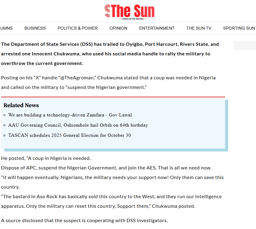 You can call for foreign military invasion of Nigeria and the DSS will not arrest you. 

But call for an internal military takeover of Nigeria's government and for Nigeria to join the AES - then the DSS will rapidly arrest you.

Are these the decisions of a "sovereign"
