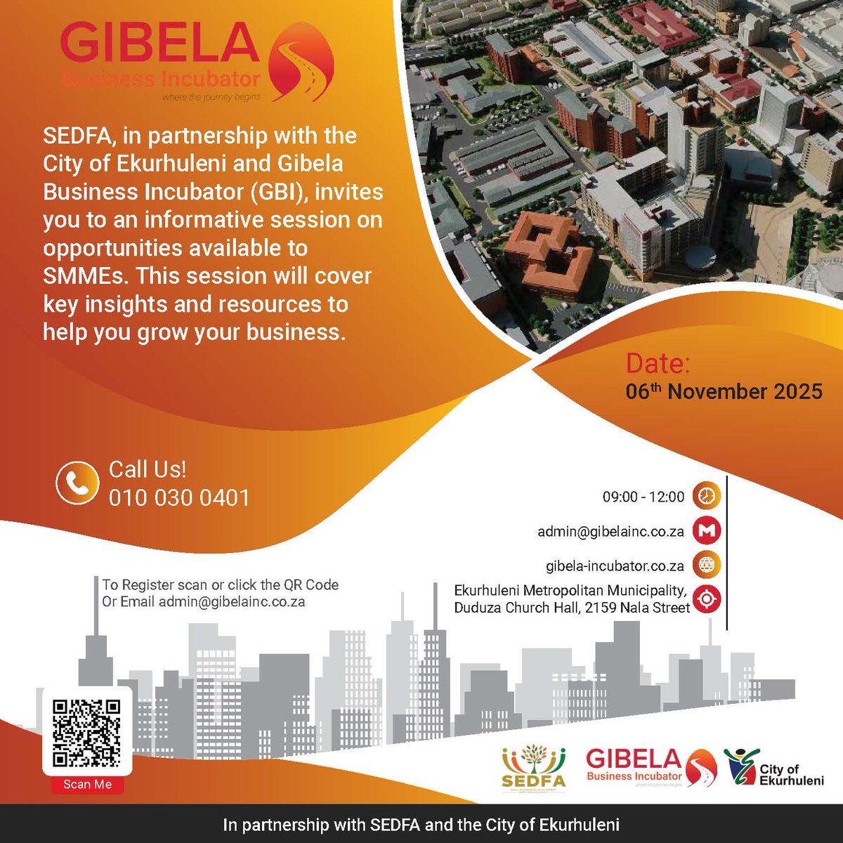 BusinessGibela's tweet image. Calling all entrepreneurs! We&apos;re hosting an info session with @SEDFA_org and @City_Ekurhuleni to share resources for your business in Duduza.

Don&apos;t miss out! Date: 06 November 2025 Register: RSVP at admin@gibelainc.co.za

#DuduzaBusiness #SMMEsupport #GibelaIncubator