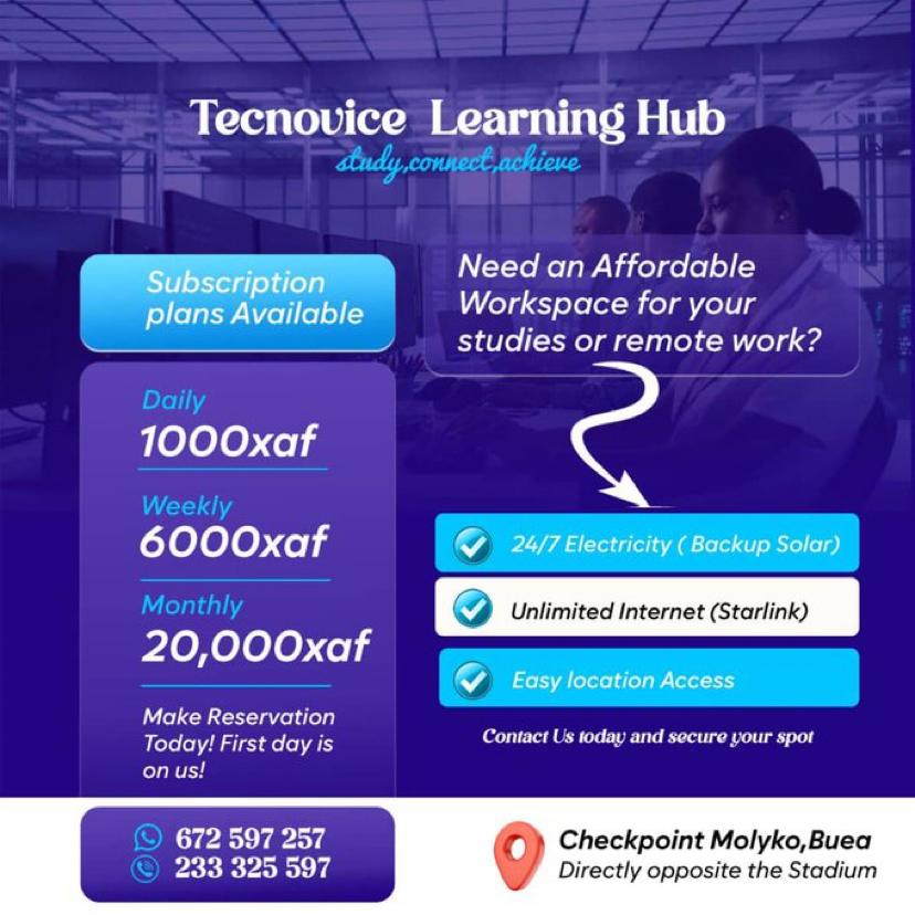 Tecnovice learning Hub empowers freelancers,  students, and remote workers with the right space to grow skills, build network,  and boost productivity.
Your success starts with where you work, start here!
Focus better. learn smarter. Achieve more