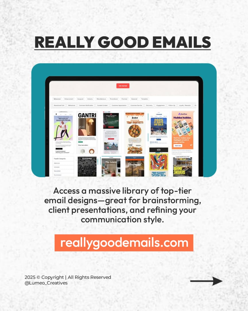 LumeoCreatives's tweet photo. Stuck on your next email campaign? 😩

Try these inspo gems:
1. Really Good Emails
2. Good Email Copy
3. MailCharts

Save this + follow @LumeoCreatives for more!

#EmailMarketing #DigitalMarketing https://t.co/xUWE3wppME
