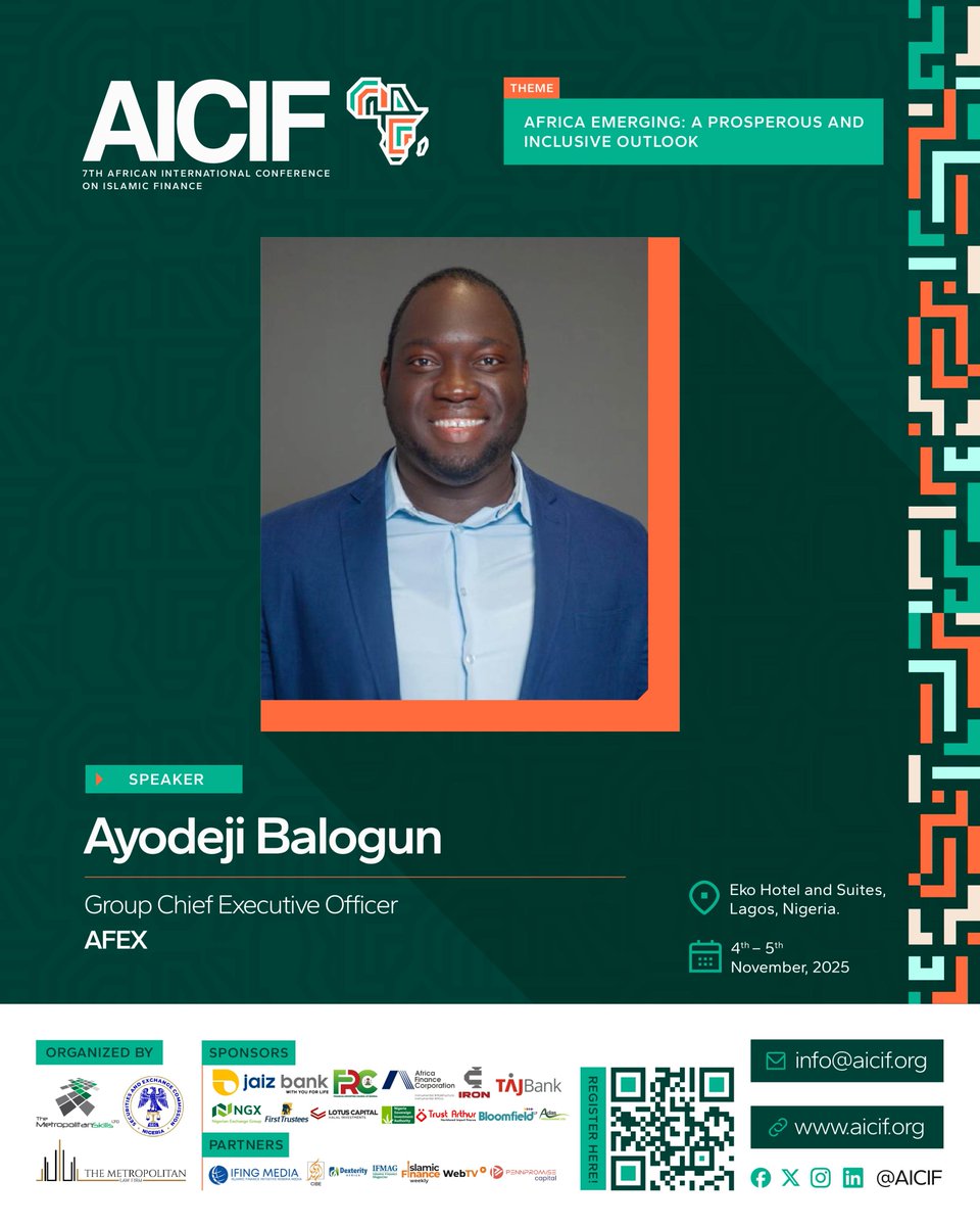 The_MetSkills's tweet photo. Speaker Spotlight 🌍

We’re thrilled to welcome Ayodeji Balogun, Group CEO, AFEX, to #AICIF2025!

A trailblazer in agri-finance and market innovation.

📅 Nov 4–5, 2025 | 📍 Eko Hotel, Lagos
🔗 Register:  https://t.co/du54pcHKBy

#IslamicFinance #EthicalFinance #AFEX https://t.co/HTHAiRwYXA