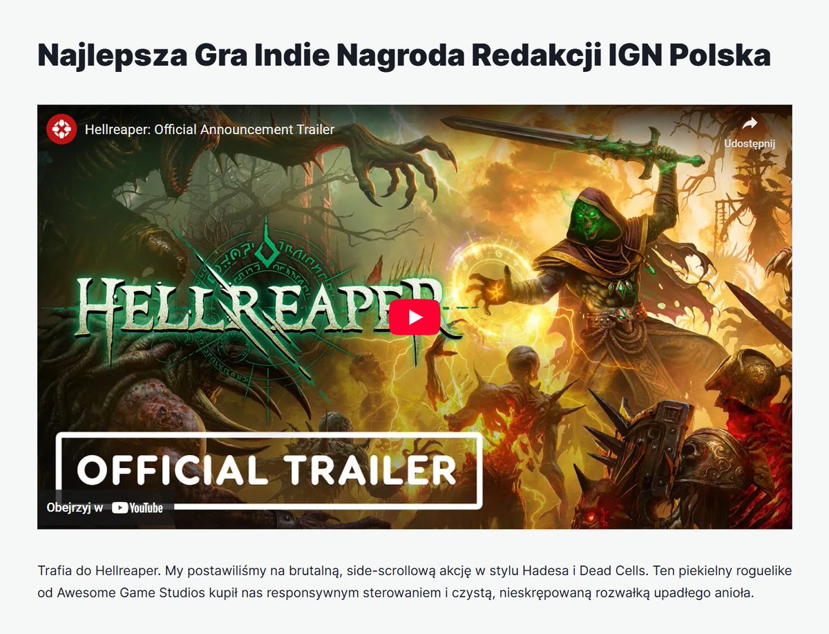 Thank you @IGNPoland for selecting #HELLREAPER for the Best Indie Game award at <a href="/PoznanGameArena/">Poznań Game Arena</a> 2025!

🇵🇱 Dziękujemy wszystkim za oddane na nas głosy w plebiscycie publiczności oraz gratulujemy zwycięzcom pozostałych kategorii - wszyscy jesteście awesome!