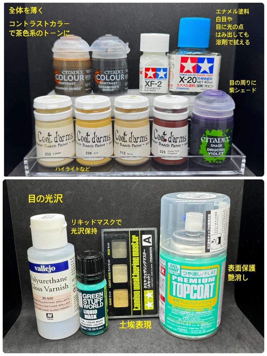 「てのりフレンズ12」から、「8 インドホシガメ」のリタッチ完了です。可愛くなったかな？元は、全体的に薄緑色でぼんやりしていたのでコントラストカラーで薄茶色に。ウロコ強調、甲羅模様をはっきり&amp;赤みを、鼻の穴にシェード、目に白目やハイライト&amp;光沢を。今回使った塗料などを載せておきます。