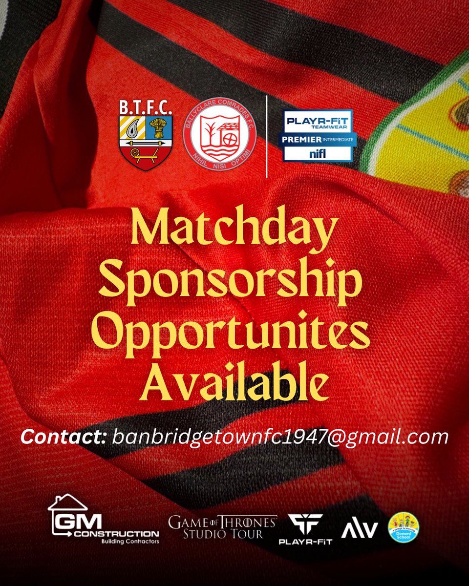 𝑪𝑶𝑴𝑰𝑵𝑮 𝑼𝑷 🎃

We’re back in league action league action this Halloween weekend as we host Ballyclare Comrades at Crystal Park 🔴⚫️

*Matchday sponsorship opportunities are available.

🆚 Ballyclare Comrades
🗓️ Saturday 1st November
🏡 Crystal Park
⌚️ 2pm
🏆 PlayrFit PIL
