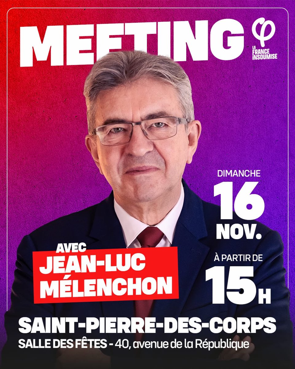 🔴📢🔴 Tout est dit ⤵️🔴📢🔴

Meeting de <a href="/JLMelenchon/">Jean-Luc Mélenchon</a> à saint pierre des corps. 
Dimanche 16 novembre prochain à 15h
Salle des fêtes de Saint Pierre des corps. 

#Tours #LFI #SPDC