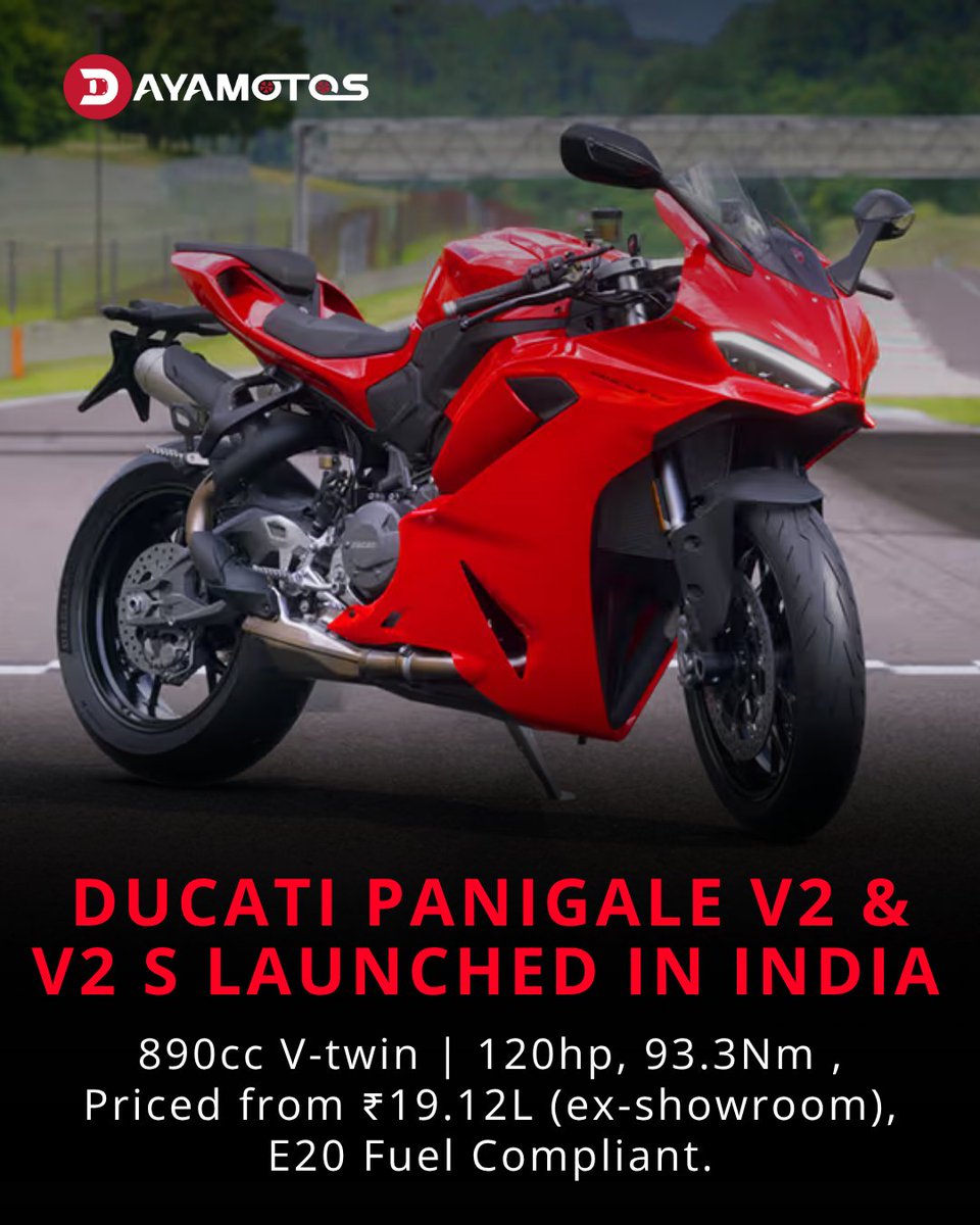 dayamotos's tweet image. Ducati launches the Panigale V2 &amp;amp; V2 S in India! 🏍️

💥 890cc V-twin | 120hp, 93.3Nm
💰 From ₹19.12L | E20 Compliant

@DucatiMotor | For more details please visit on - dayamotos.com

#Dayamotos #autonew #DucatiPanigaleV2 #DucatiIndia #SuperbikeLaunch #MotorcycleNews