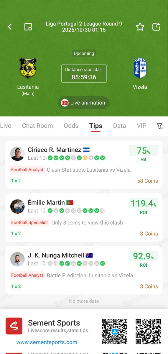 SementSports's tweet photo. #score #goal #football #bettips
2025-10-30 01:15

Liga Portugal 2 League Round 9

Lusitania(Main) vs Vizela

Optimistic about an away win or a draw. https://t.co/OzL8R58DuJ