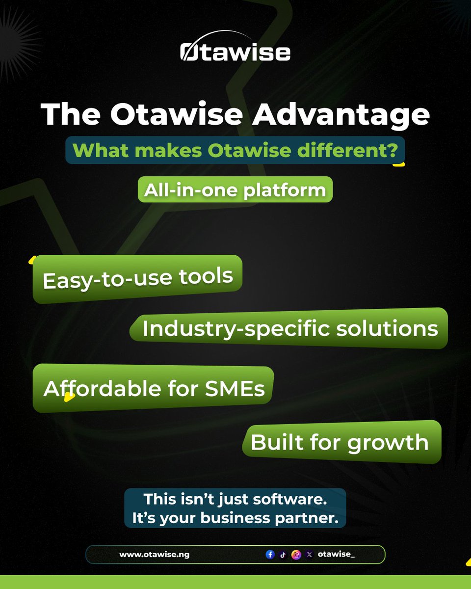 Otawise_'s tweet image. Otawise isn’t just software, it’s the partner that grows with you.
Visit Otawise.ng to start building smarter today.
#Otawise #BusinessSolutions #SmartTools