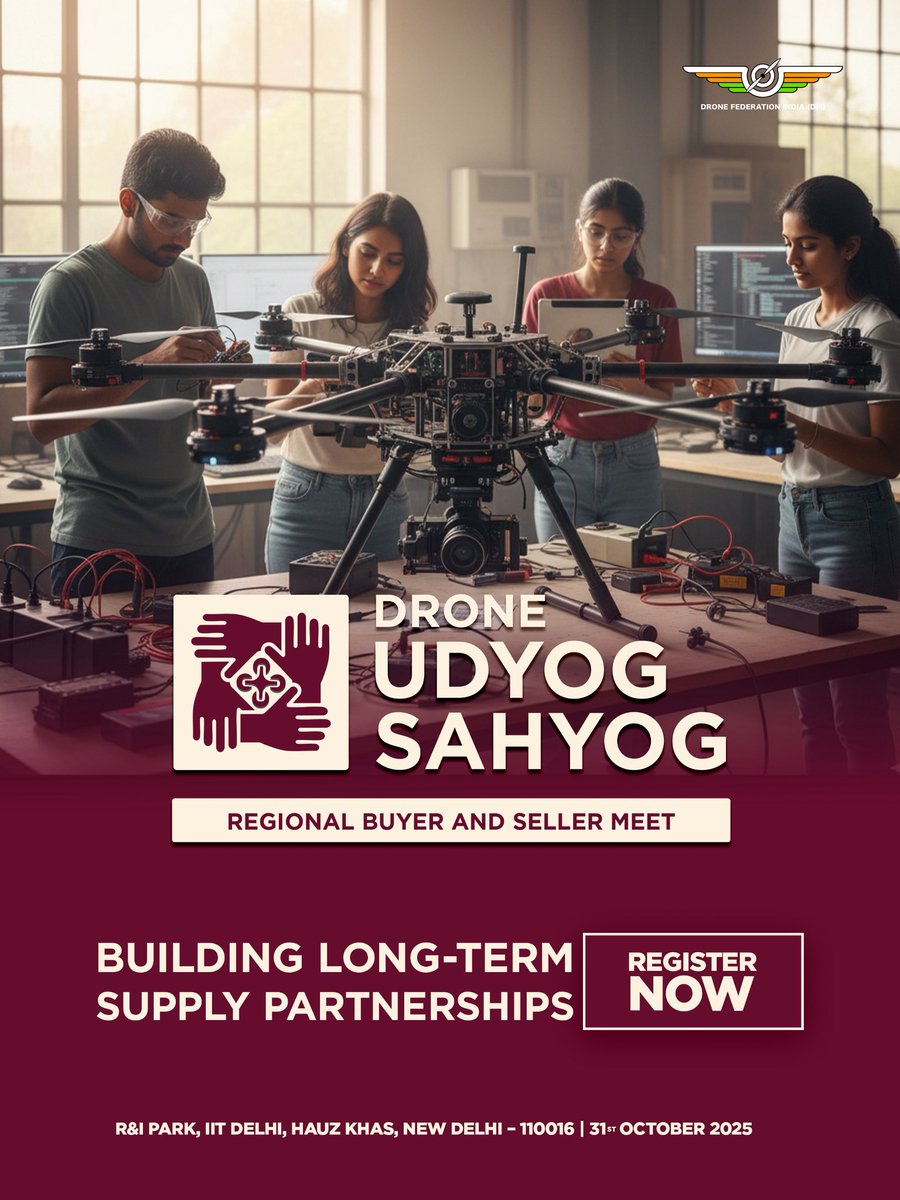 dronefed's tweet image. Partnering for a Stronger Future 🤝🏻⚙️

Join Drone Udyog - Sahyog to connect with key players in India’s drone supply chain. Collaborate, partner, and grow together for a stronger ecosystem. 🇮🇳

🔗Attendees Registration Link: bit.ly/udyog-sahyog-d…

#DroneUdyogSahyog #DFIEvents