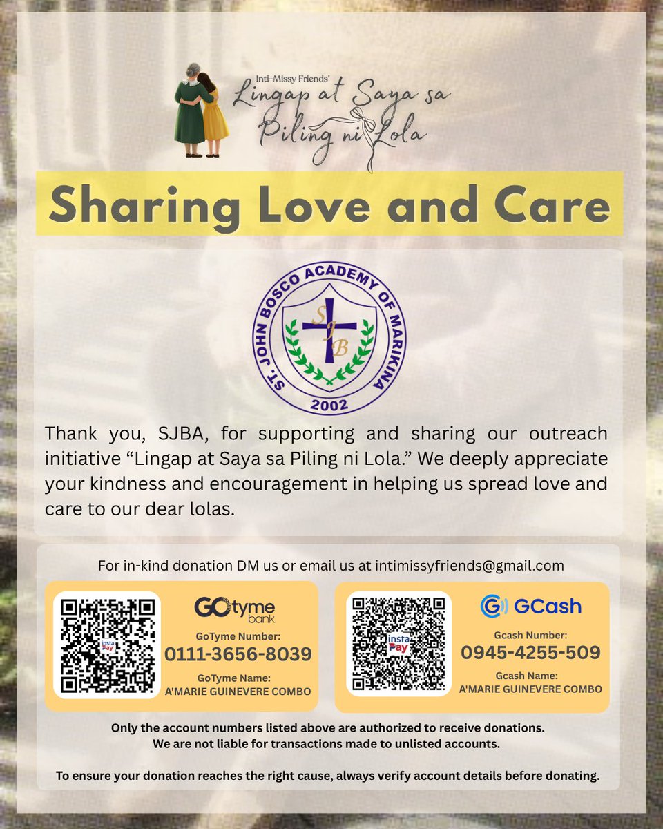 _intimissy's tweet photo. Our heartfelt thanks to St. John Bosco Academy of Marikina (SJBA) for supporting and sharing our outreach initiative! 🫶

Your kindness, generosity, and encouragement truly help us spread love, joy, and care to our dear lolas. 💕 https://t.co/Pq025mwEXU