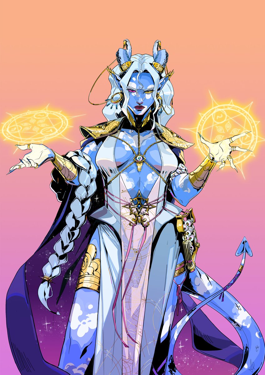 Commission of Epiphany, a tiefling divination wizard belonging to @/contactlessdrivethru over on tumblr 
She's so prettyyyyy, I had so much fun designing her accessories too☁️👁️✨

#dnd #dndart #dndoc #commission