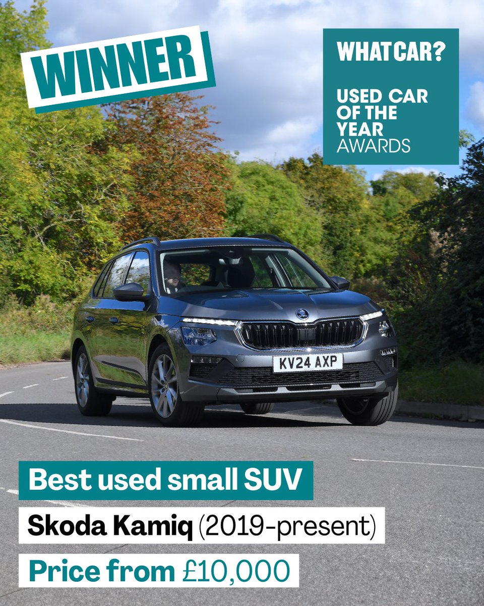 Next it’s the award for the Best Used Small SUV 🚙

Our winner is a great all-rounder. It’s remarkably roomy with a well-thought-out interior and a comfortable ride.

It’s the <a href="/SKODAUK/">Škoda UK</a> Kamiq! 🎉🎊

#WhatCarAwards #UsedCarAwards