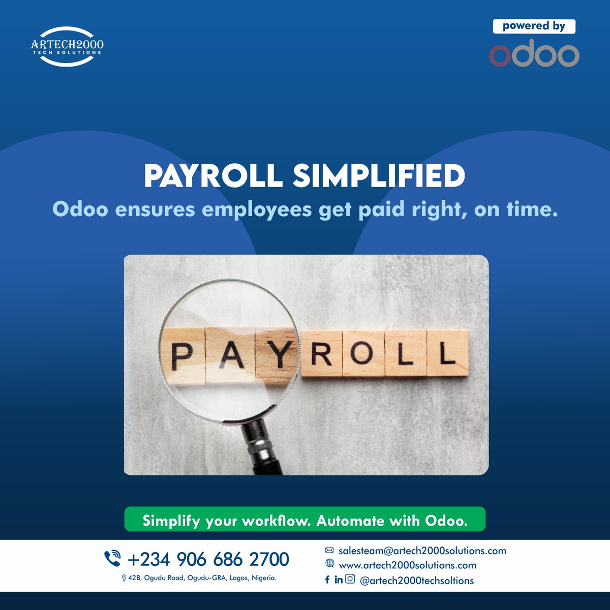 Artech2000_Tech's tweet image. 💼 Payroll made simple with Odoo!

Ensure your employees get paid accurately and on times every time.

Simplify your workflow and focus on what truly matters growing your business. 🚀

👉 Click this link:- bit.ly/4orTSjE to book a FREE demo today!