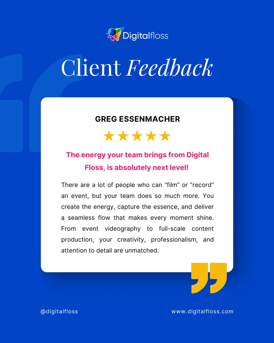 Digitalflossx's tweet photo. "The energy Digital Floss brings is absolutely next level!" — Greg Essenmacher

Capturing moments that make people feel something, that's where transformation begins.

Ready to elevate your practice? Visit https://t.co/IPK27GRMTs to learn more.

#DentalMarketing #VideoProduction https://t.co/hl8vQA3aUs