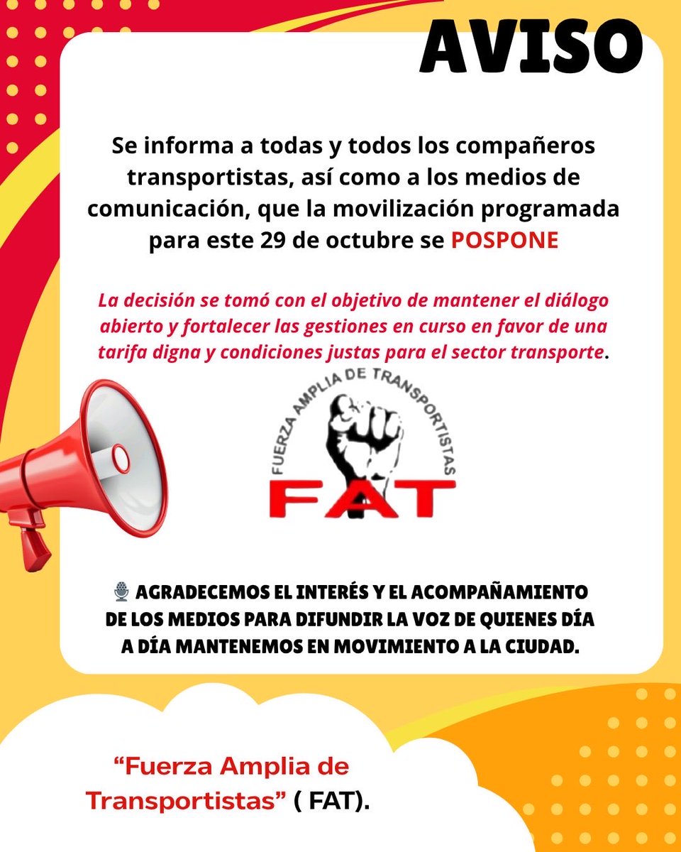 elsat28's tweet photo. #ÚLTIMAHORA🚨🚧I Transportistas suspenden el  #Megabloqueo previsto para este miércoles en CDMX 

👉Aceptan reunión con @LaSEMOVI para el Viernes 31 de octubre para trratar de alcanzar acuerdos‼️ https://t.co/cZ3qIhyE9D