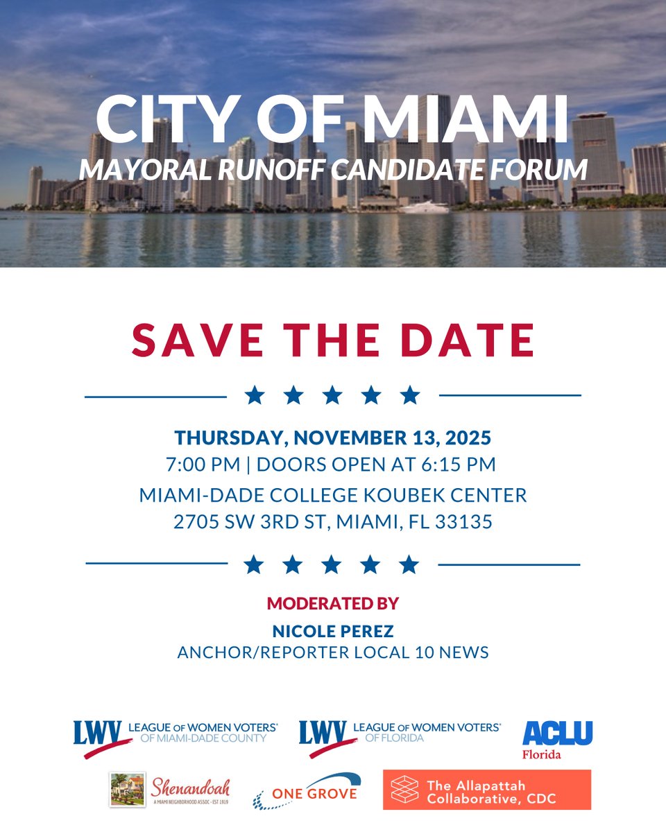 In anticipation of a potential runoff in the City of Miami mayoral race, we’re hosting a candidate forum on Tuesday, November 13 at 7 p.m. at the Miami-Dade College Koubek Center. Join us for an evening of civic engagement as leading candidates share their vision for Miami.